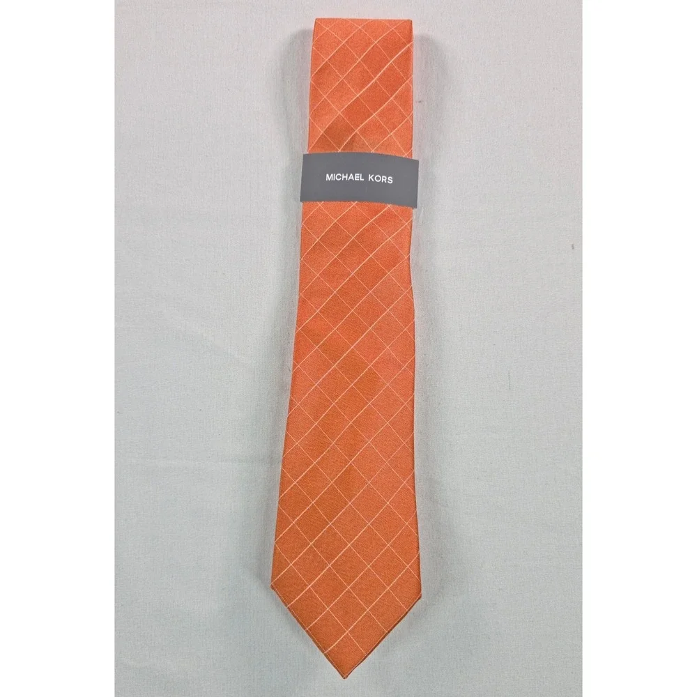 Michael Kors Mens Tie One Size Orange Parkwood Grid Silk Blend Necktie NWT